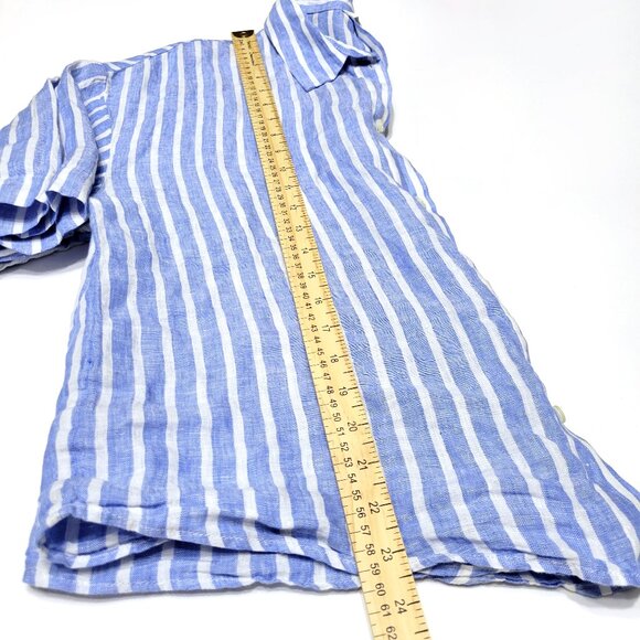 H&M Womens 100% Linen Button Down Top Size L Short Sleeve Blue Striped Coastal - Picture 8 of 11
